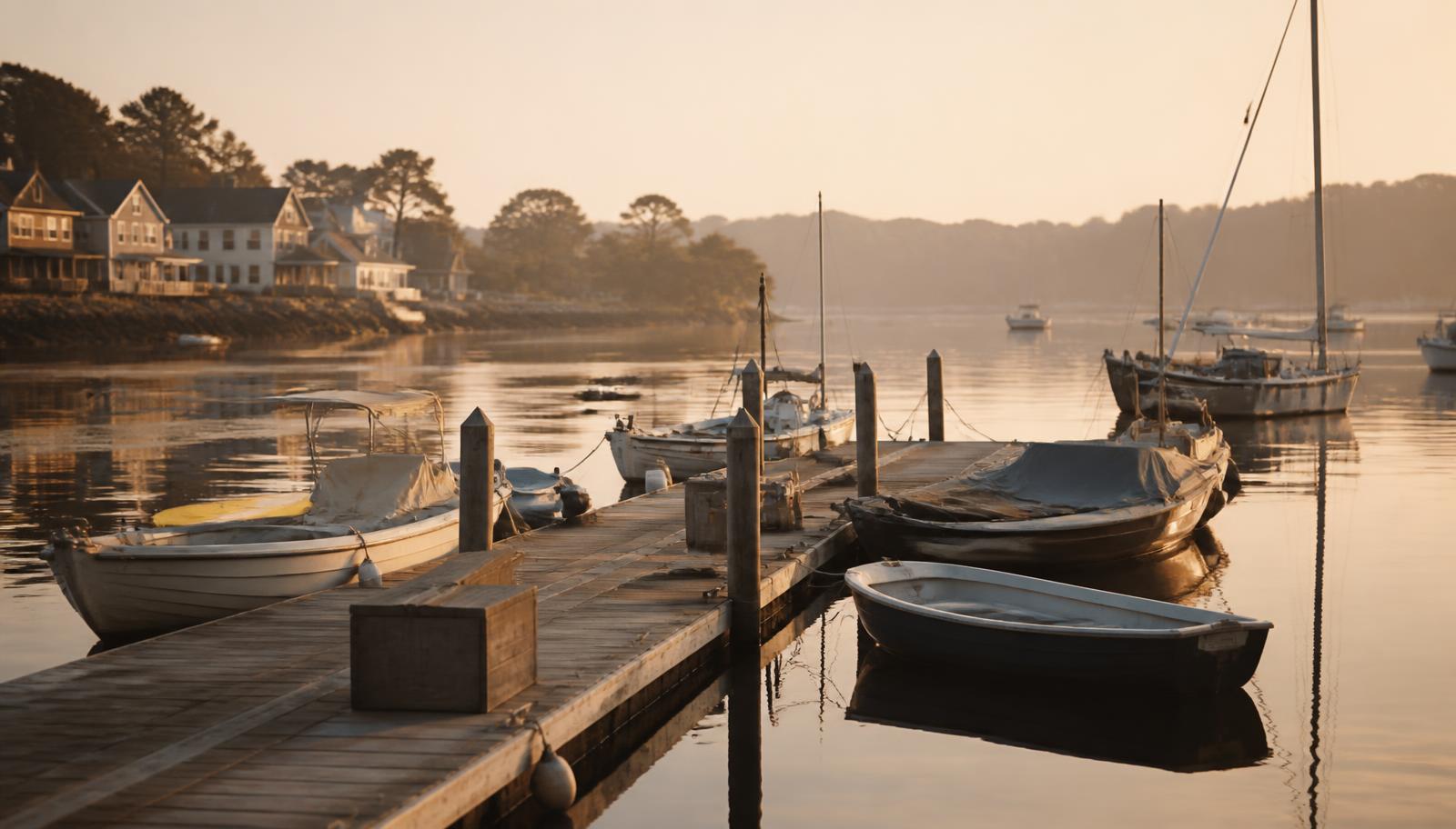 Small boats moored on a wooden pontoon in a quiet Hampshire harbour at golden hour