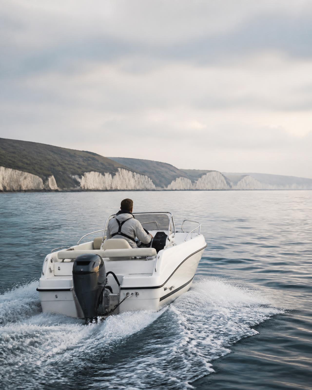 Leisure boat powered by an outboard motor cruising the English south coast