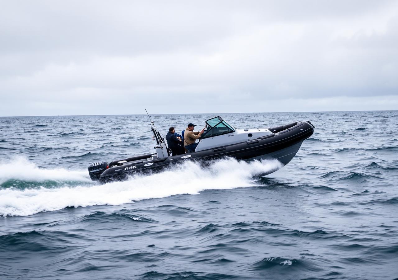 RIB planing at speed across British coastal water powered by an outboard motor