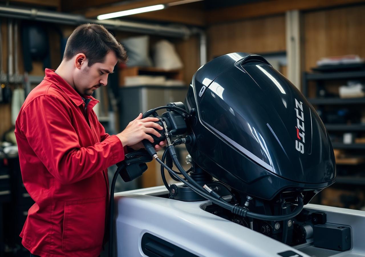 Marine engineer rigging an outboard engine onto a boat transom in the workshop