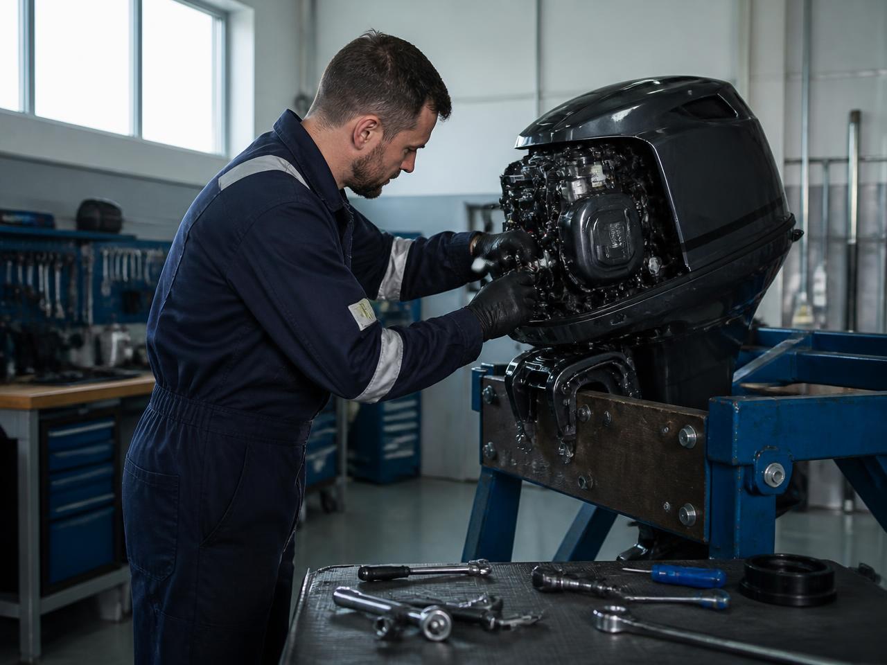 Marine engineer carrying out a pre-delivery inspection on an outboard motor